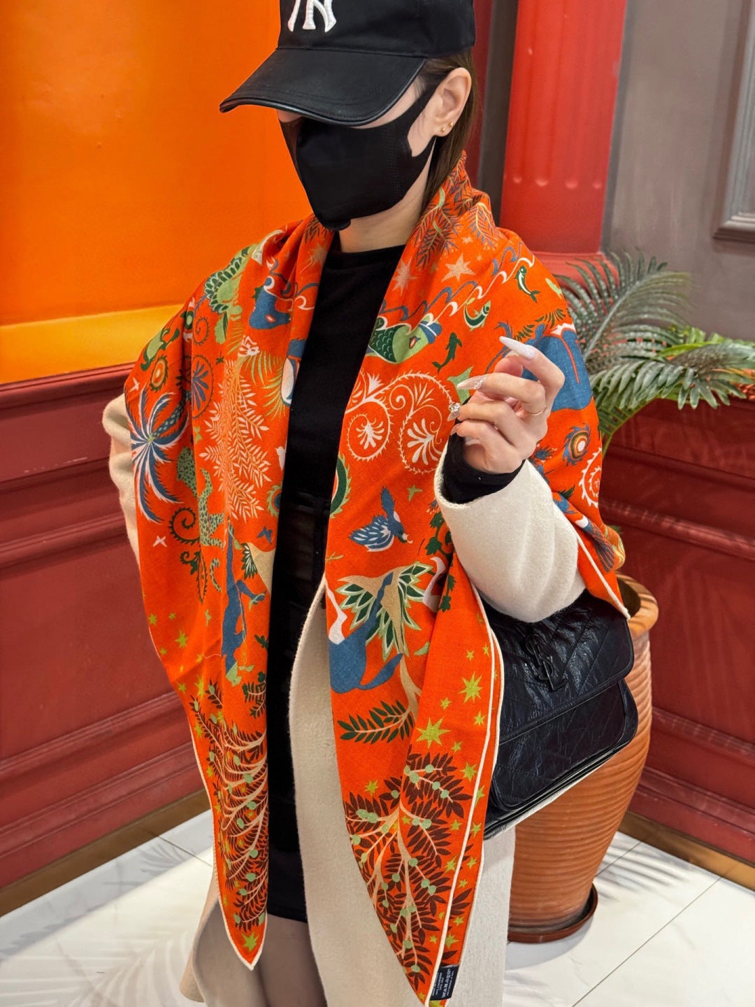 HM 25s Scarf 140cm Orange Colorful Cashmere Silk 962470