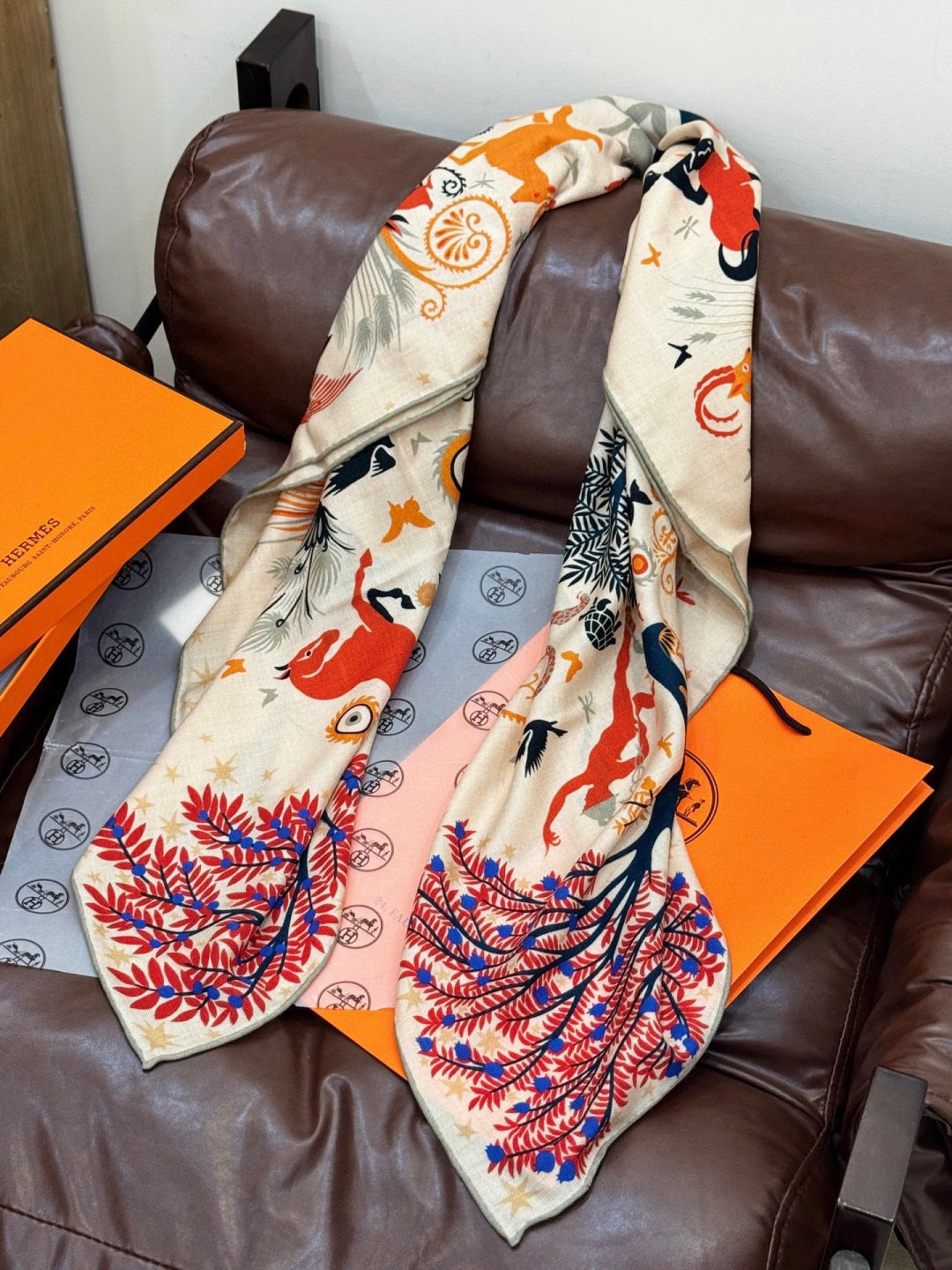 HM 25s Scarf 140cm Beige Colorful Cashmere Silk 962472