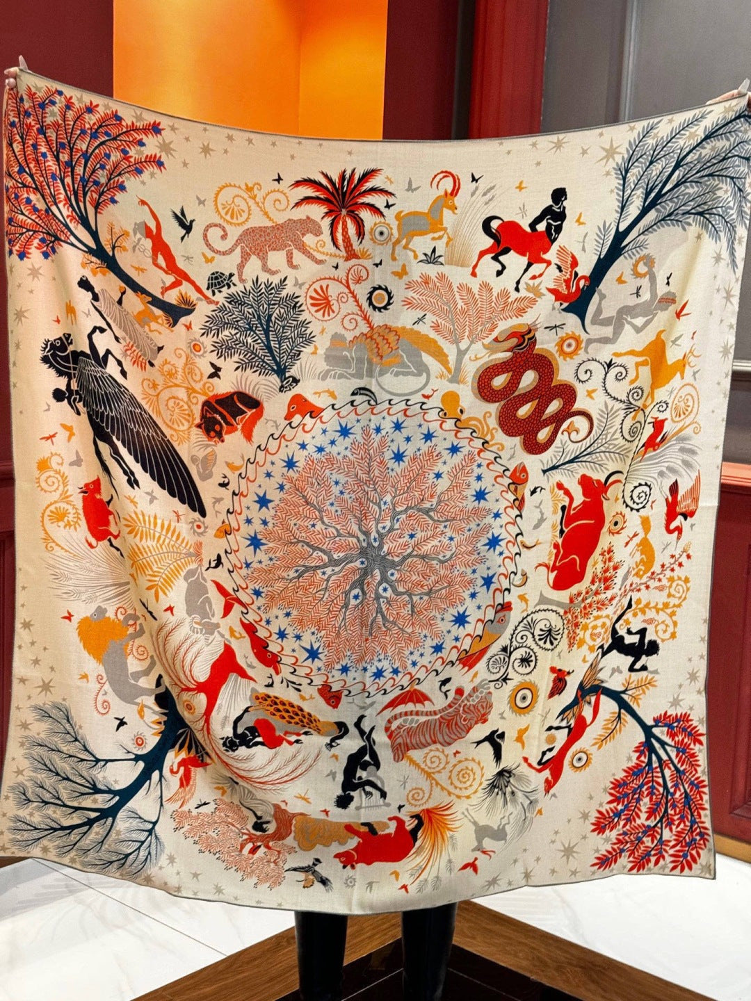 HM 25s Scarf 140cm Beige Colorful Cashmere Silk 962472