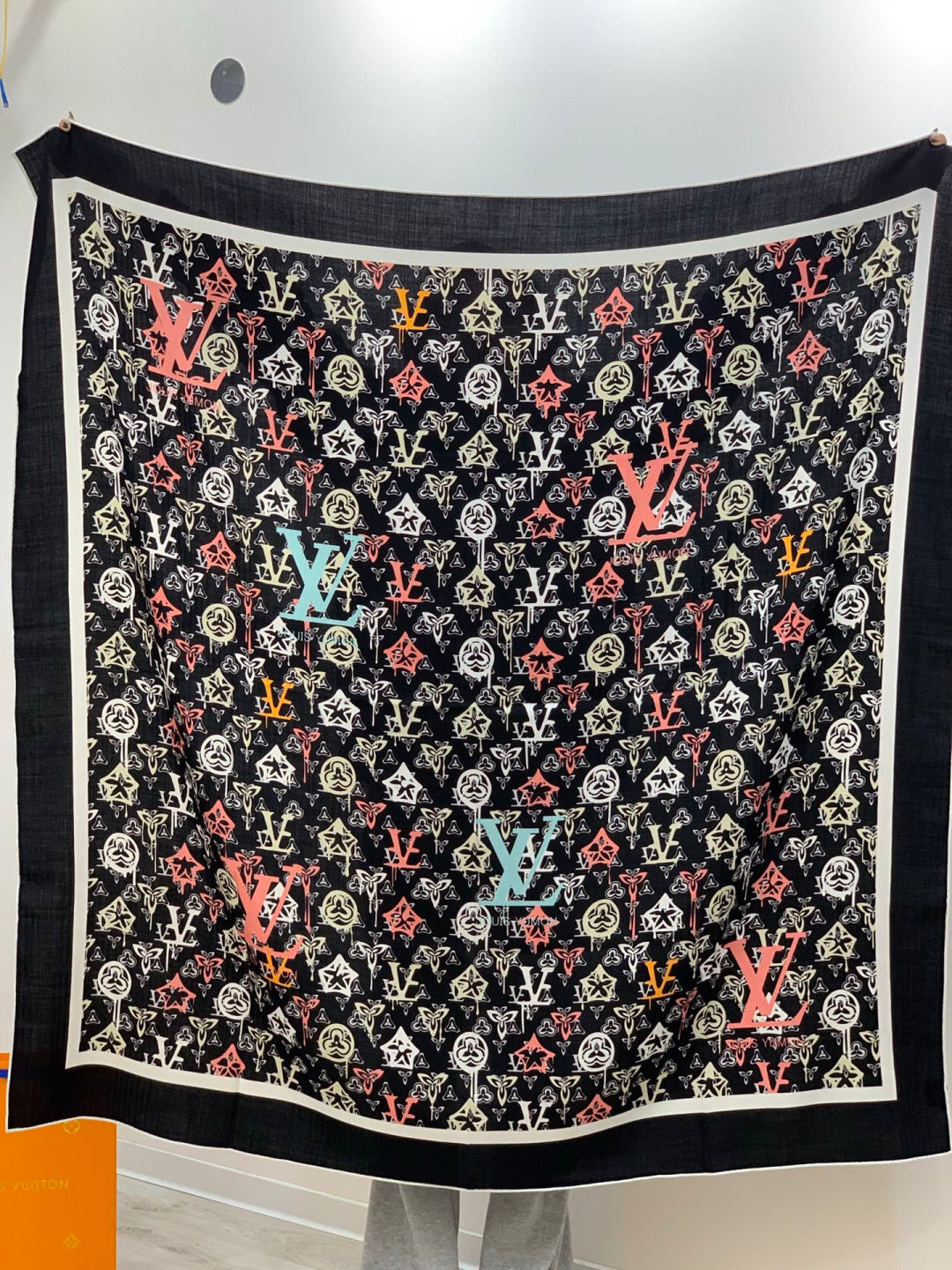 LV X TM MONOGRAM Scarf  Black Pink Blue Silk Cashmere 965396