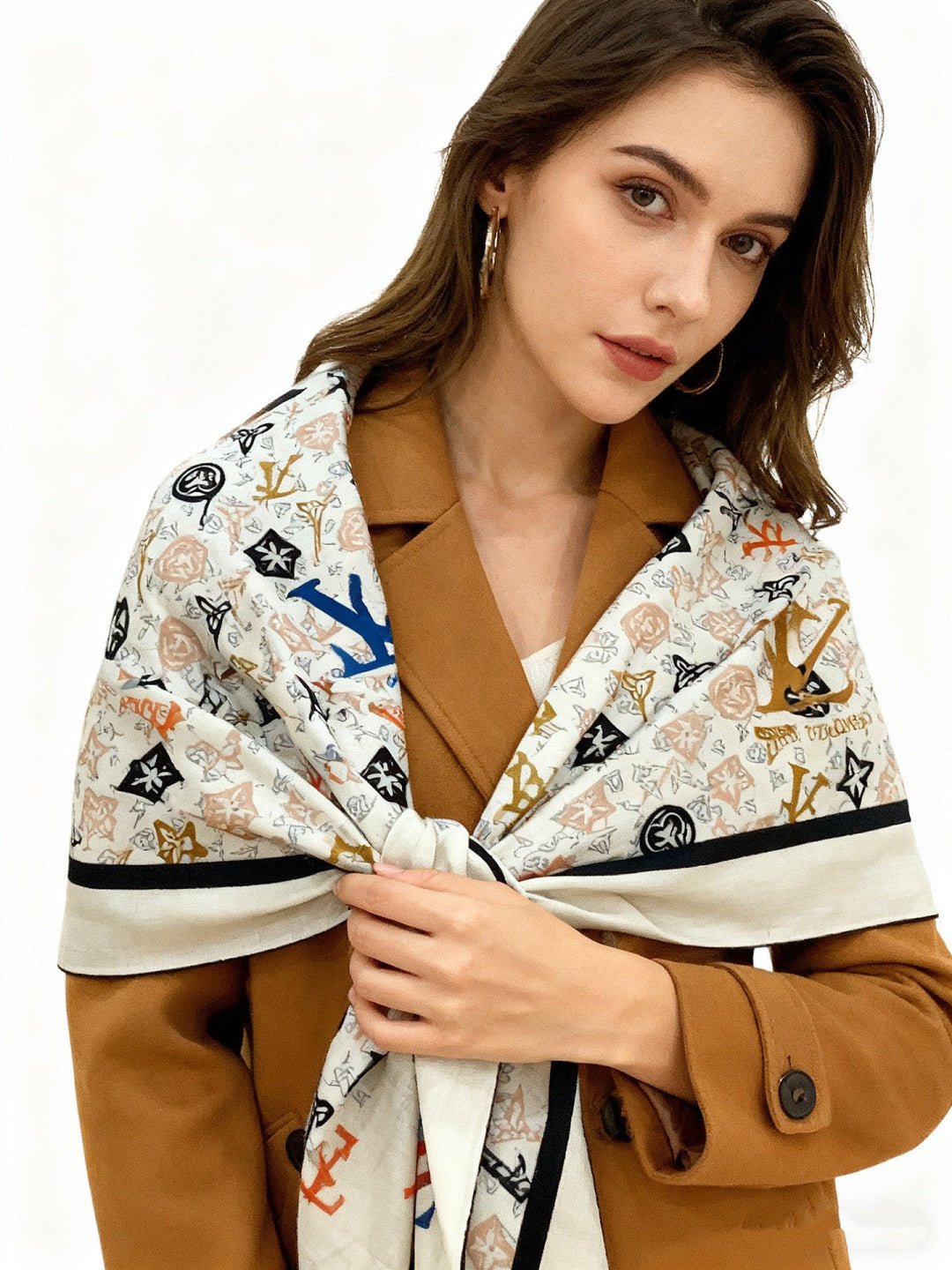 LV X TM MONOGRAM Scarf White Black Beige Silk Cashmere 965397