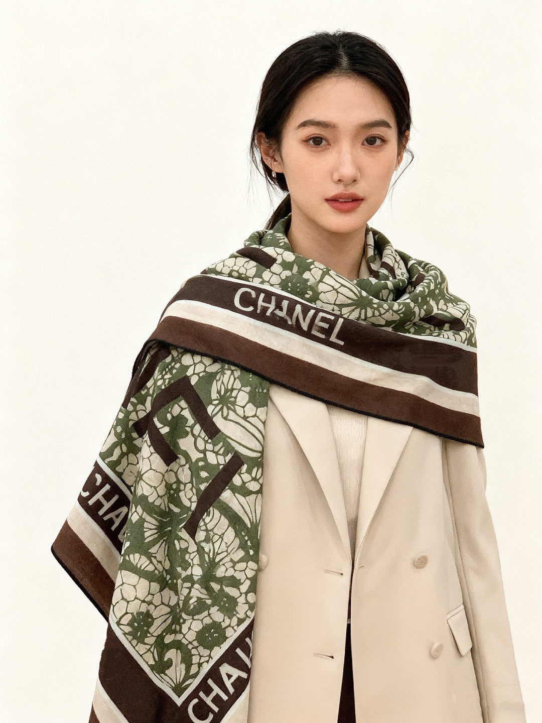 CC 25s Scarf 140cm Green Brown Cashmere 965406