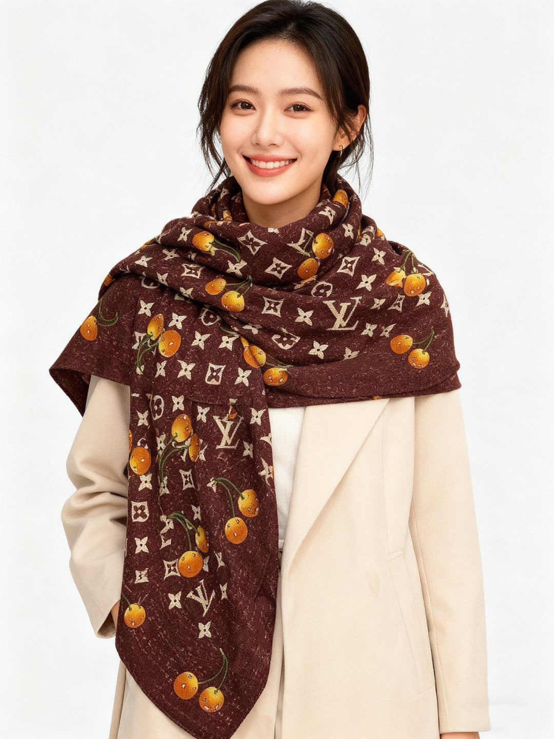 LV X TM MONOGRAM Scarf Brown Yellow Silk Cashmere 965427