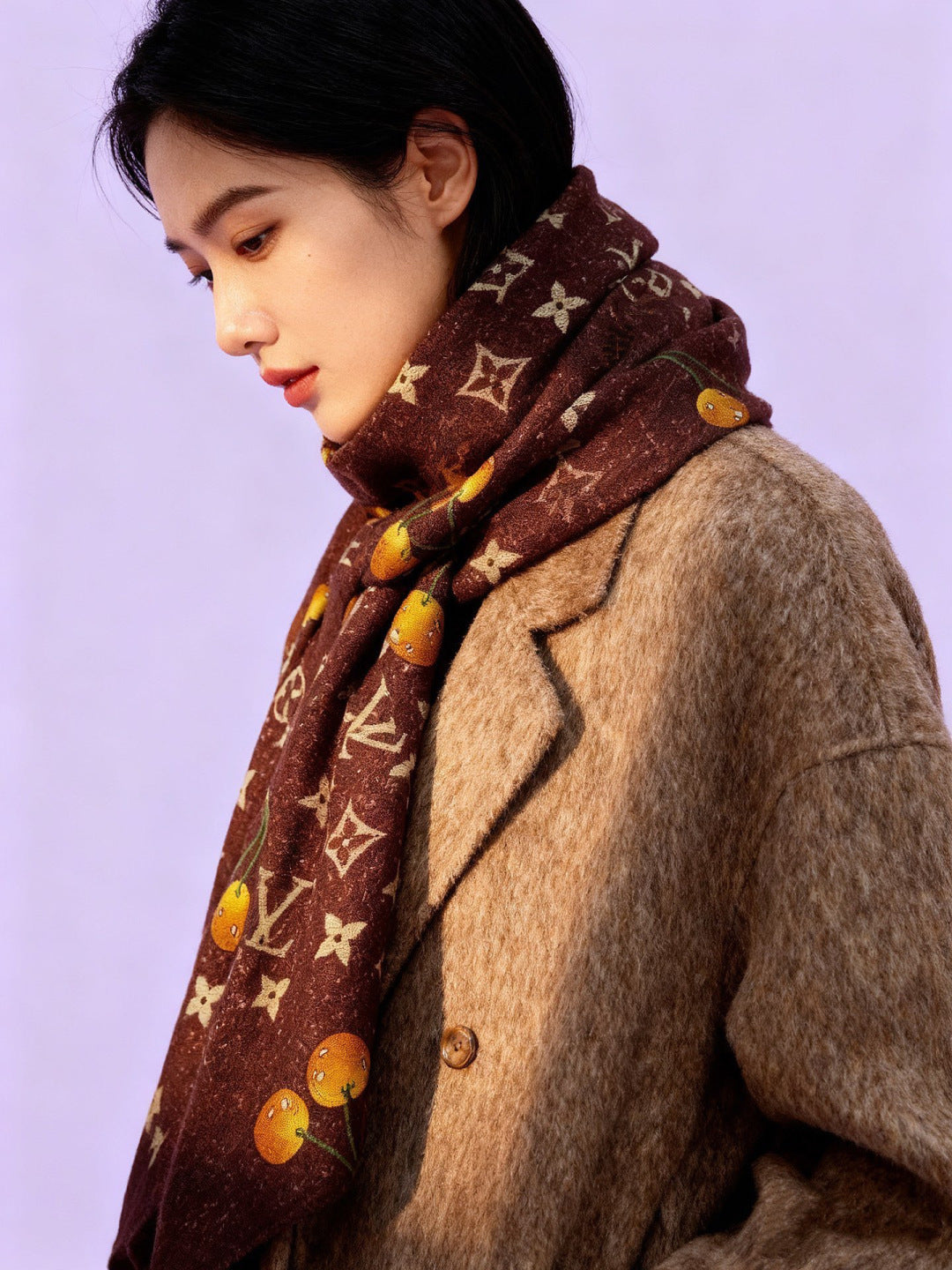 LV X TM MONOGRAM Scarf Brown Yellow Silk Cashmere 965427
