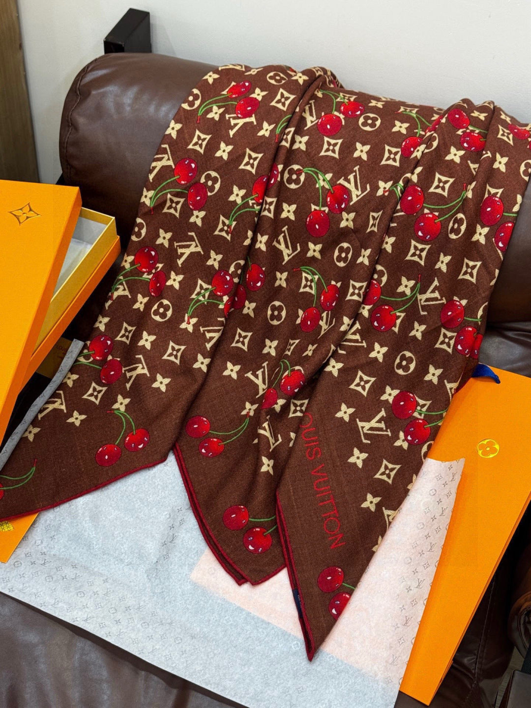 LV X TM MONOGRAM Scarf Brown Red Silk Cashmere 965428