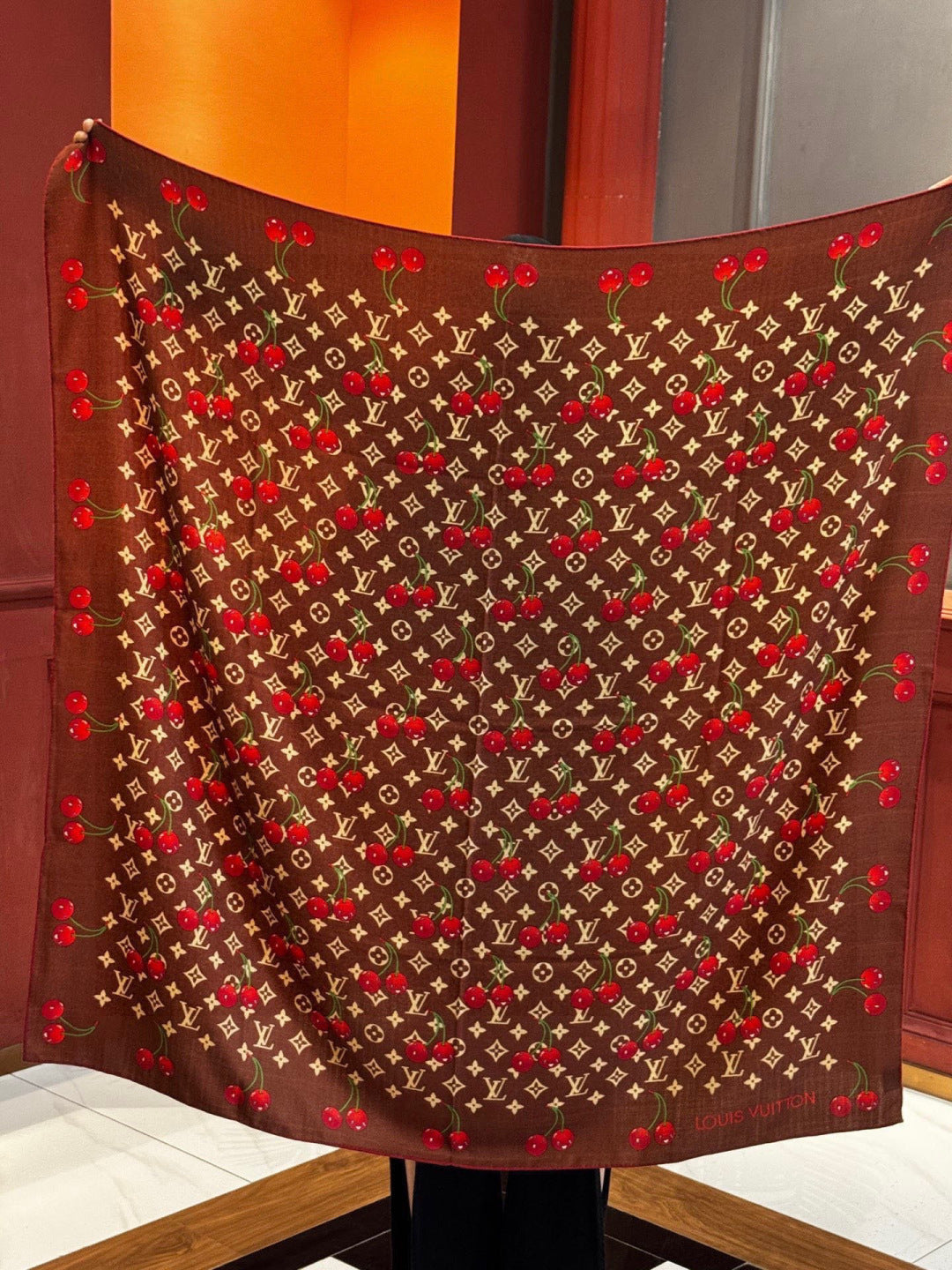 LV X TM MONOGRAM Scarf Brown Red Silk Cashmere 965428