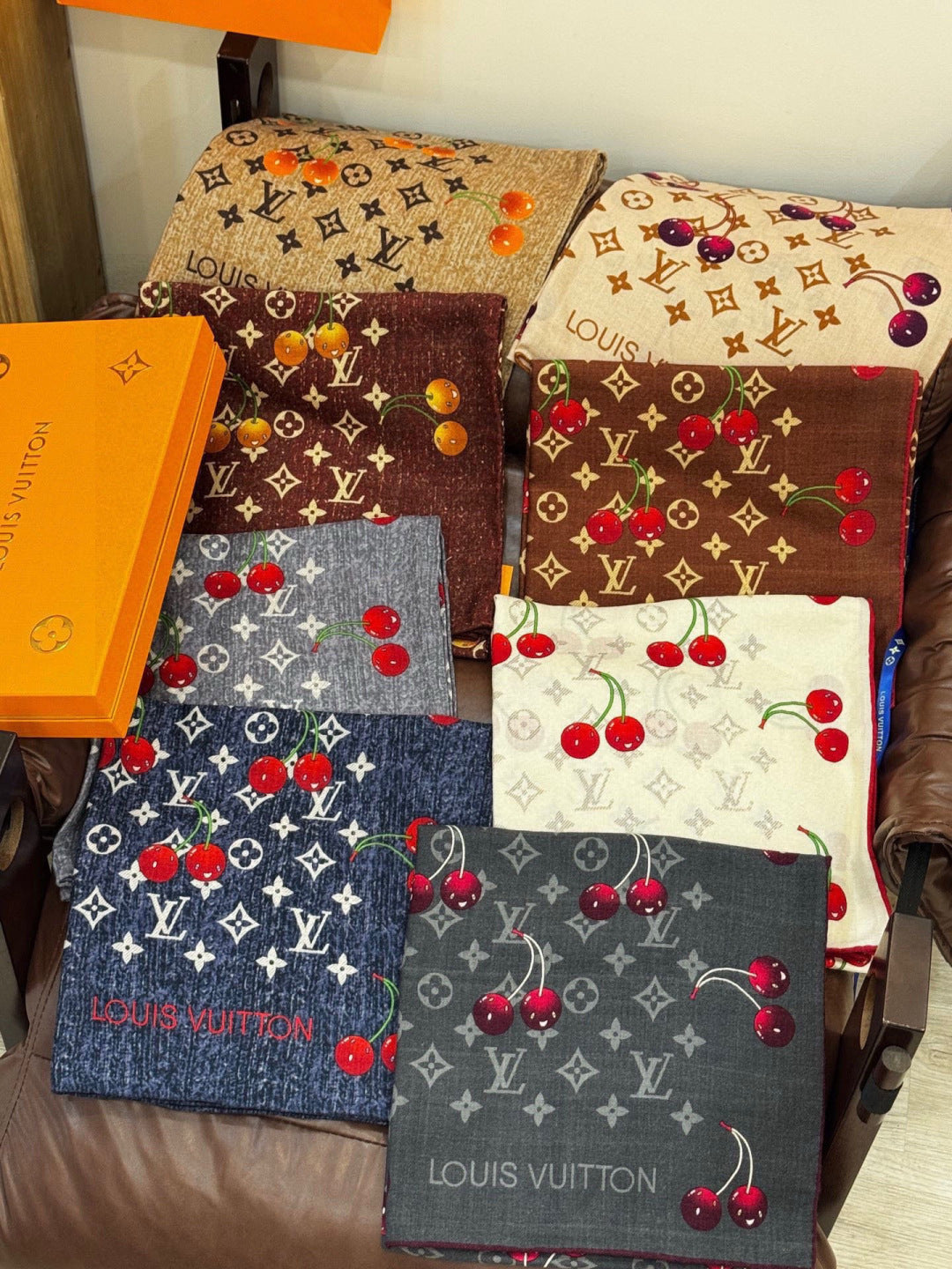 LV X TM MONOGRAM Scarf Brown Red Silk Cashmere 965428