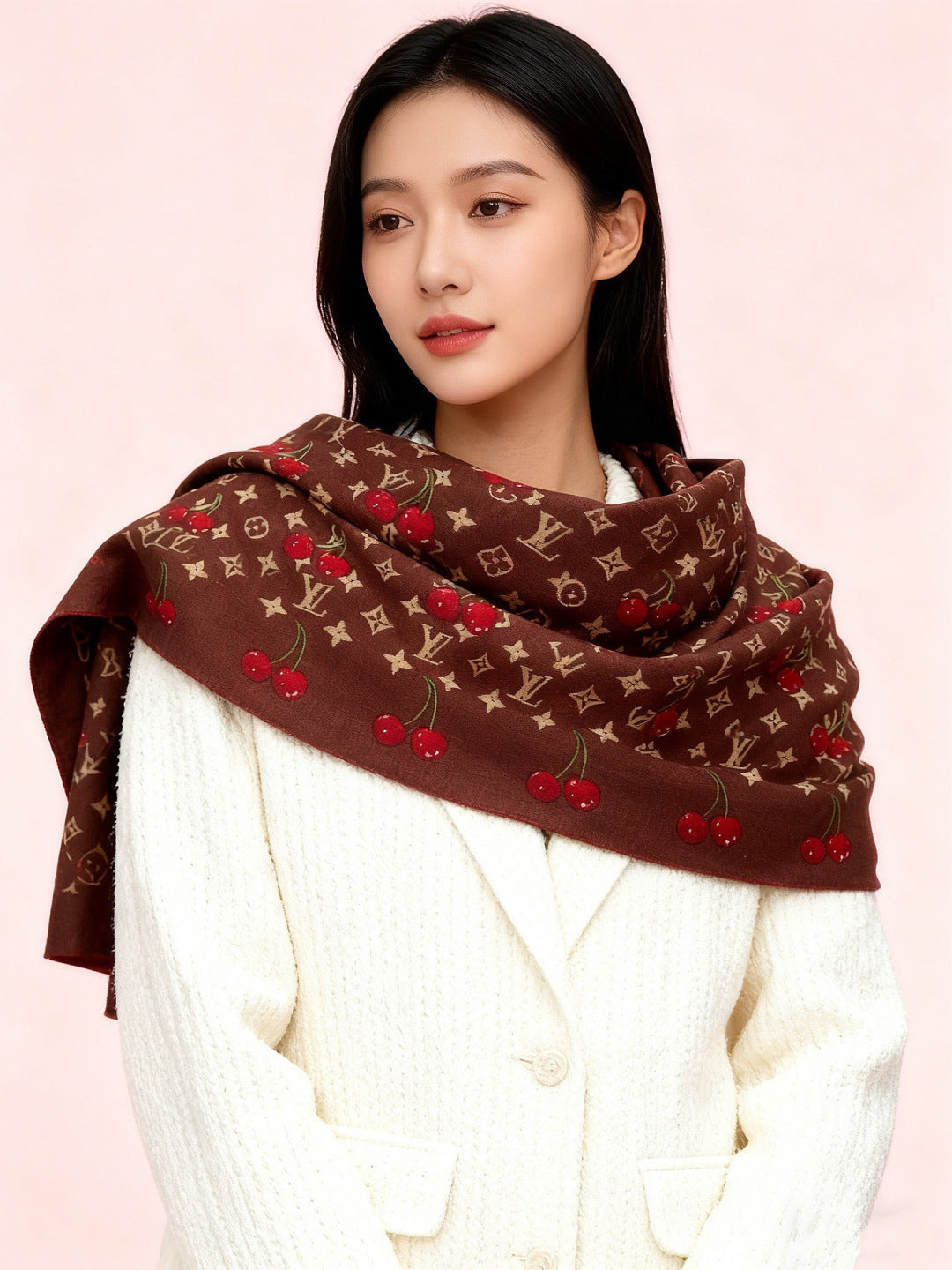 LV X TM MONOGRAM Scarf Brown Red Silk Cashmere 965428