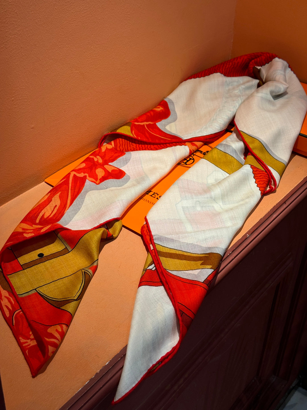 HM 25s Horse Reversible Scarf 140cm Orange Beige Cashmere Silk 967378