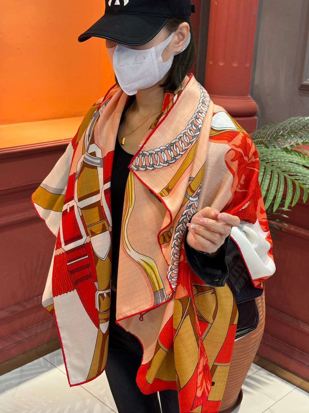 HM 25s Horse Reversible Scarf 140cm Orange Beige Cashmere Silk 967378