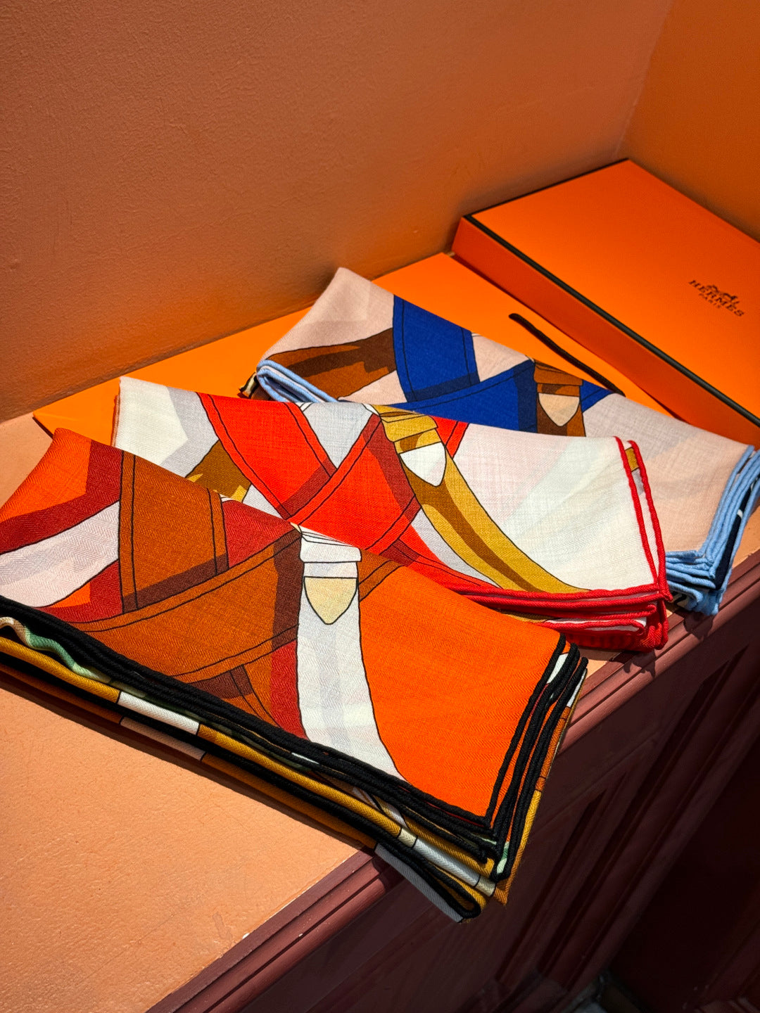 HM 25s Horse Reversible Scarf 140cm Orange Beige Cashmere Silk 967378