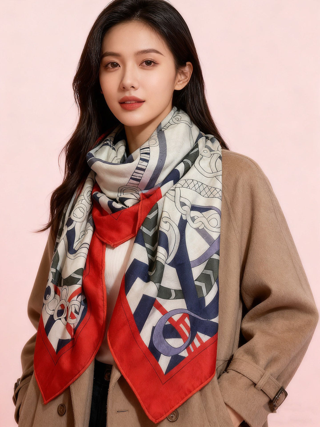 HM 25s Horse Reversible Scarf 140cm White Red Black Cashmere Silk 967387