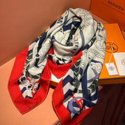 HM 25s Horse Reversible Scarf 140cm White Red Black Cashmere Silk 967387