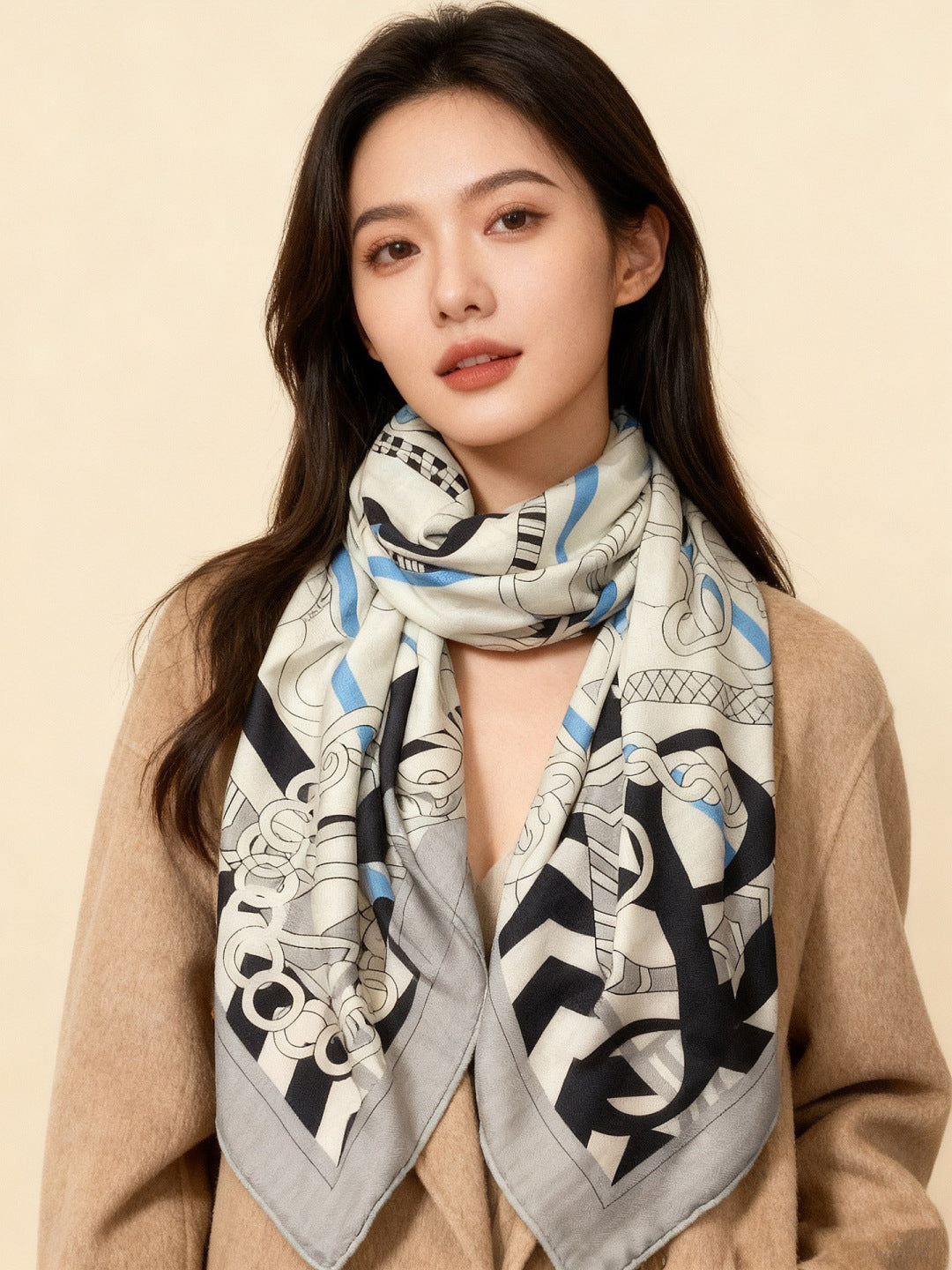 HM 25s Horse Reversible Scarf 140cm White Gray Black Cashmere Silk 967388