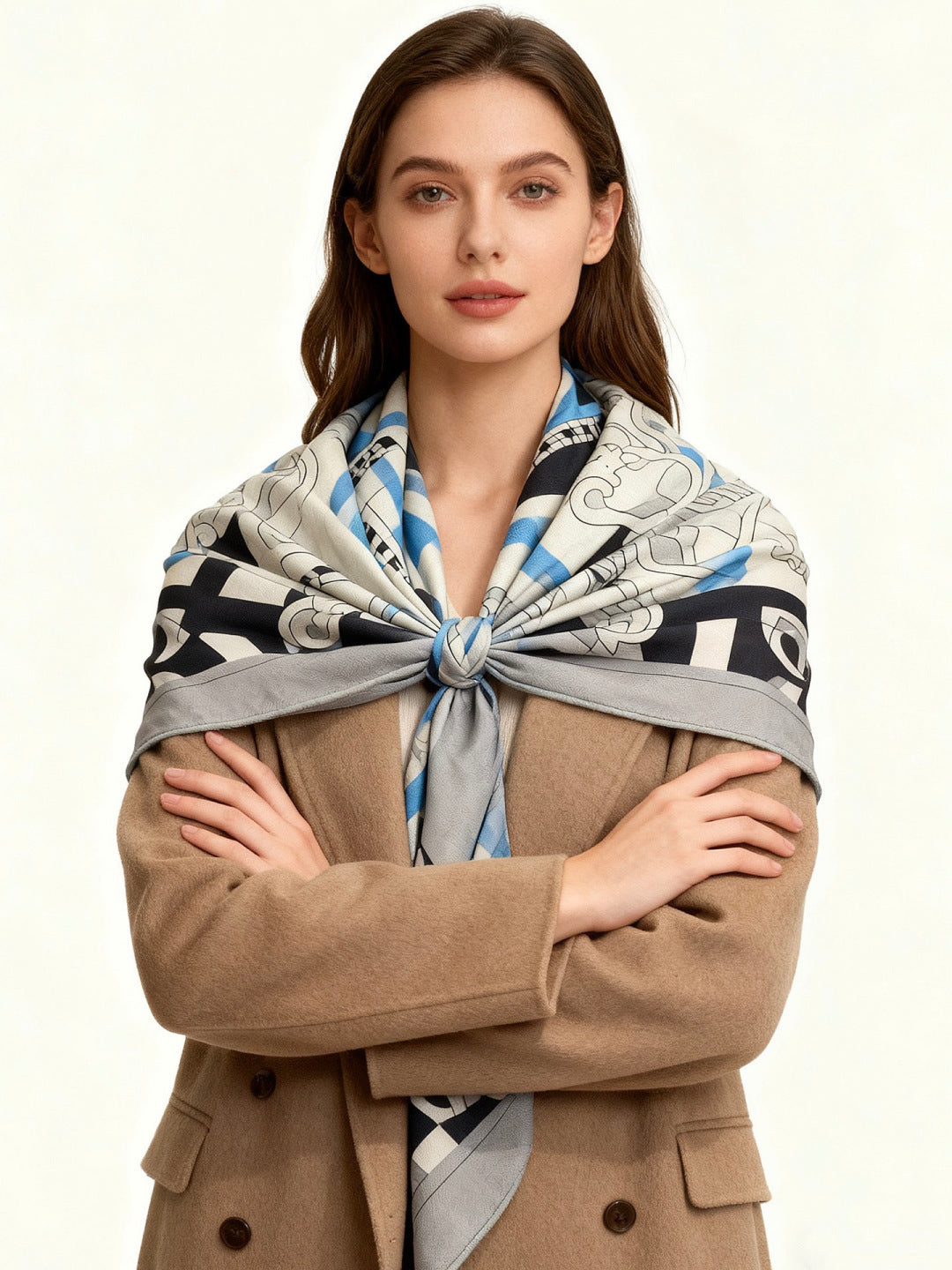 HM 25s Horse Reversible Scarf 140cm White Gray Black Cashmere Silk 967388