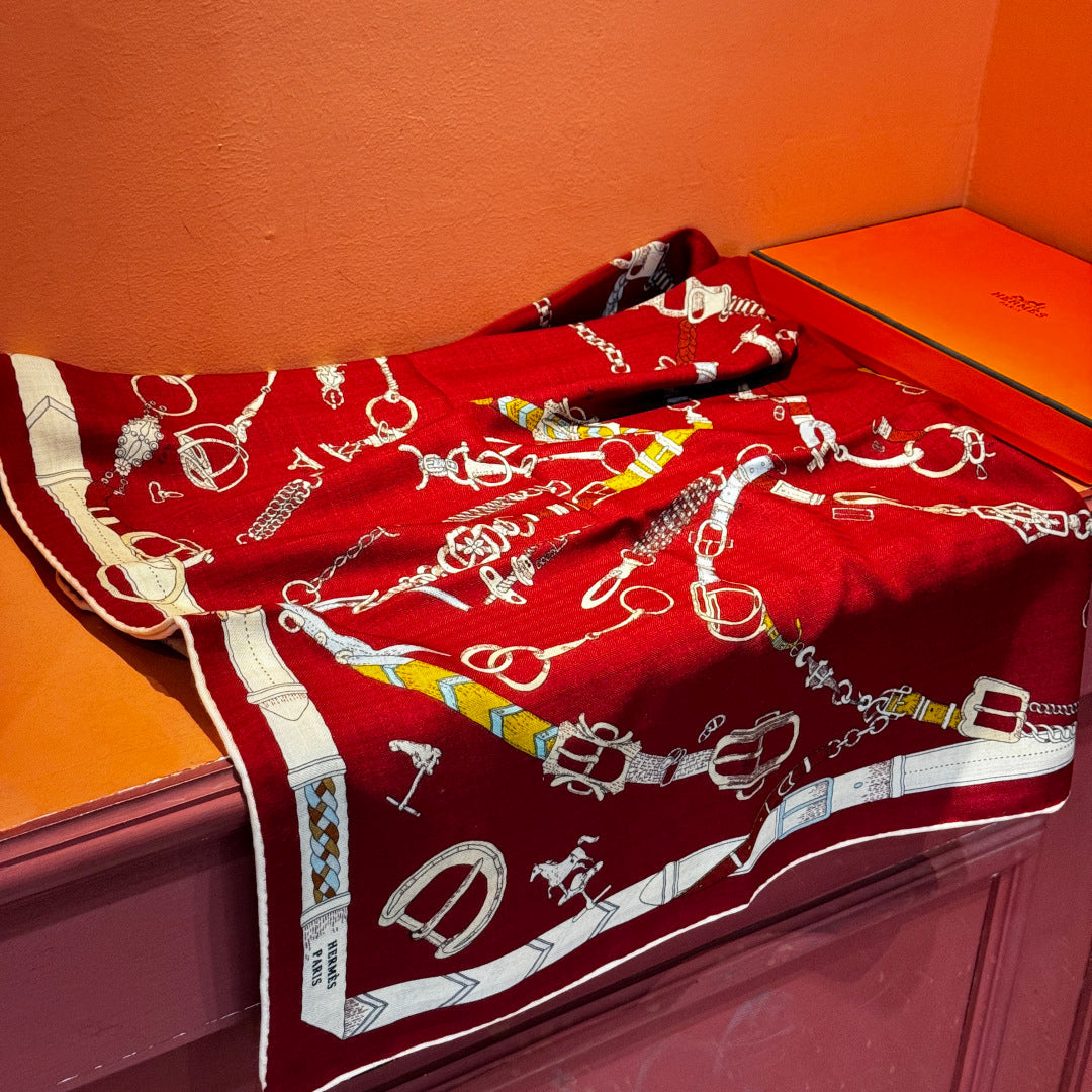 HM 25s Horse Reversible Scarf 140cm Red Cashmere Silk 967389