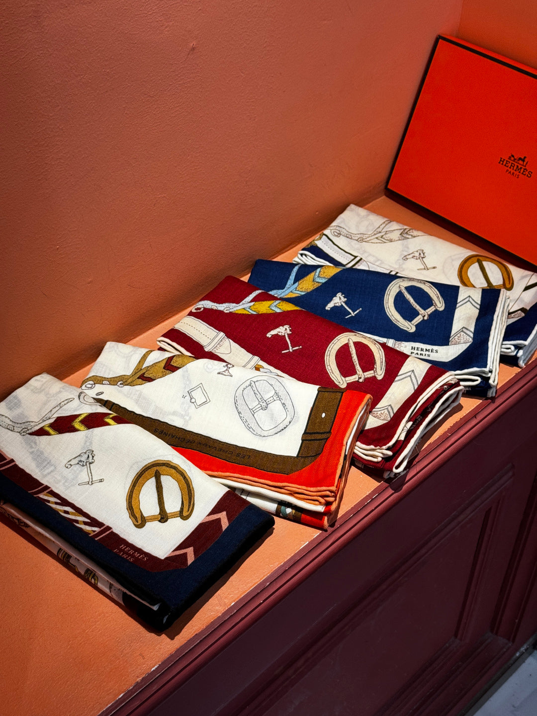 HM 25s Horse Reversible Scarf 140cm Blue Cashmere Silk 967390