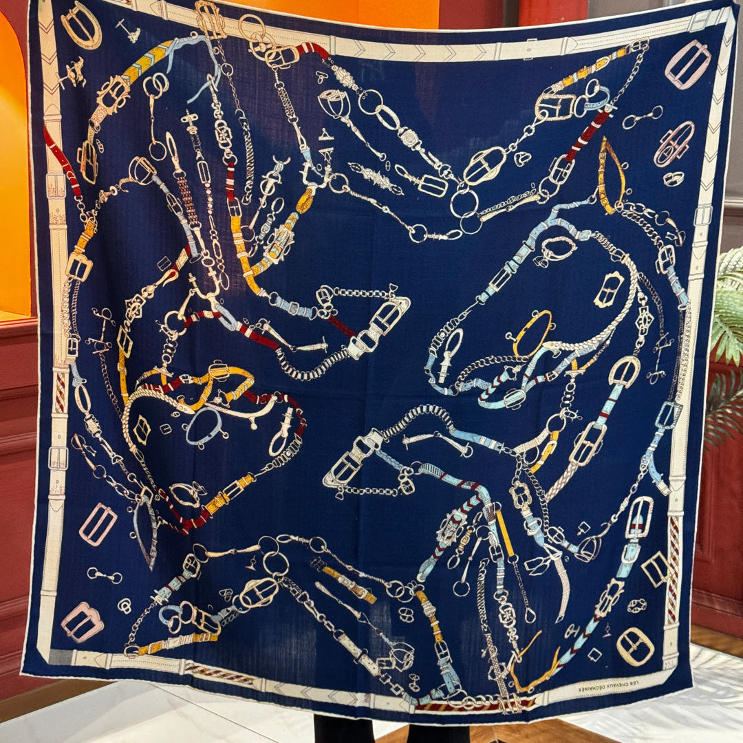 HM 25s Horse Reversible Scarf 140cm Blue Cashmere Silk 967390