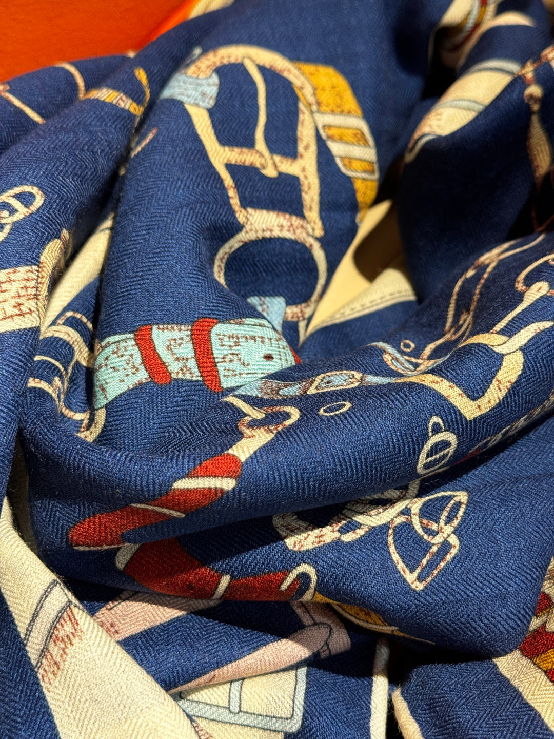 HM 25s Horse Reversible Scarf 140cm Blue Cashmere Silk 967390