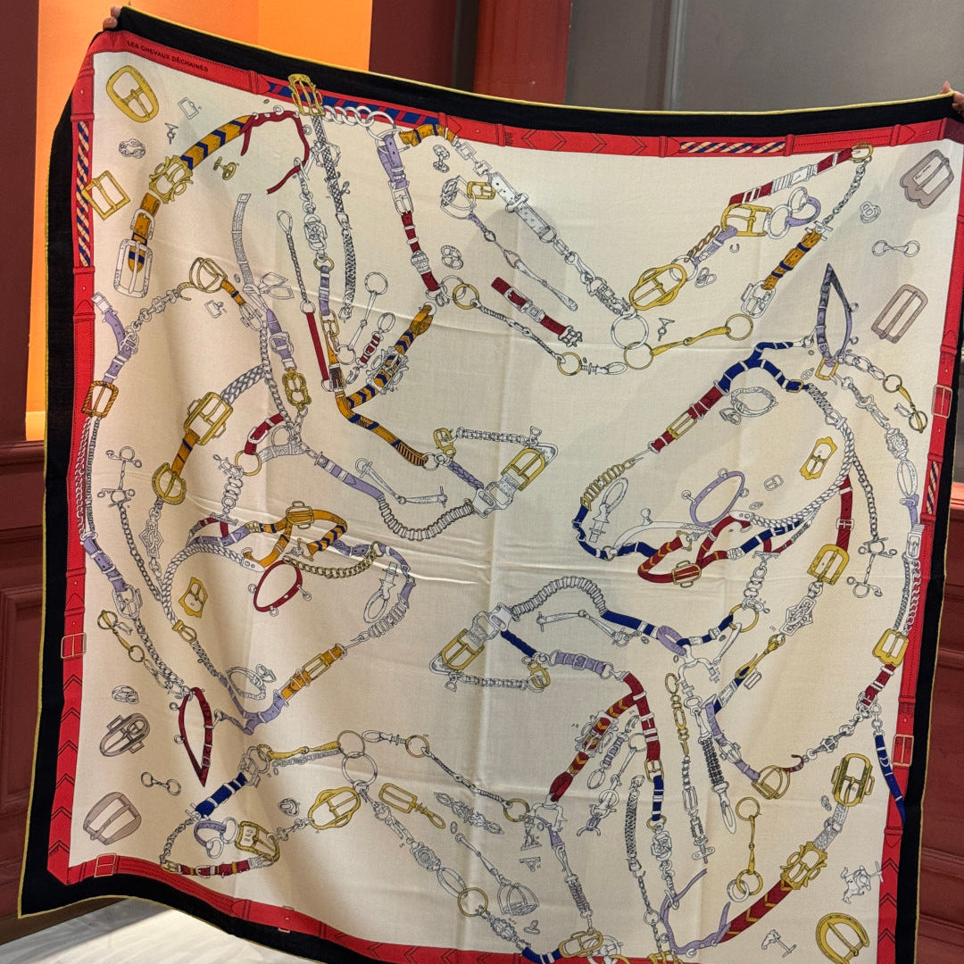 HM 25s Horse Reversible Scarf 140cm Beige Black Red Cashmere Silk 967395