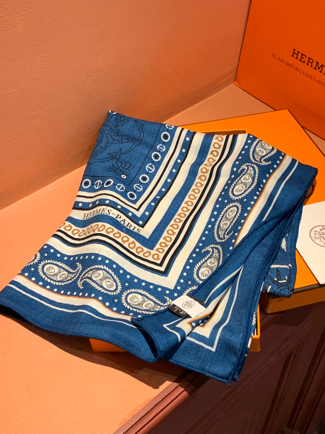 HM 25s Sailor Tattoo Scarf 140cm Dark Blue Beige Cashmere Silk 967415