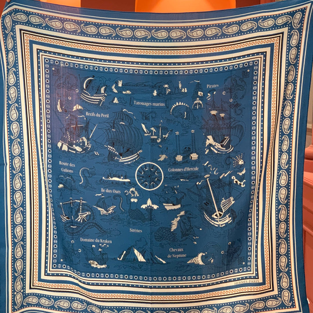 HM 25s Sailor Tattoo Scarf 140cm Dark Blue Beige Cashmere Silk 967415