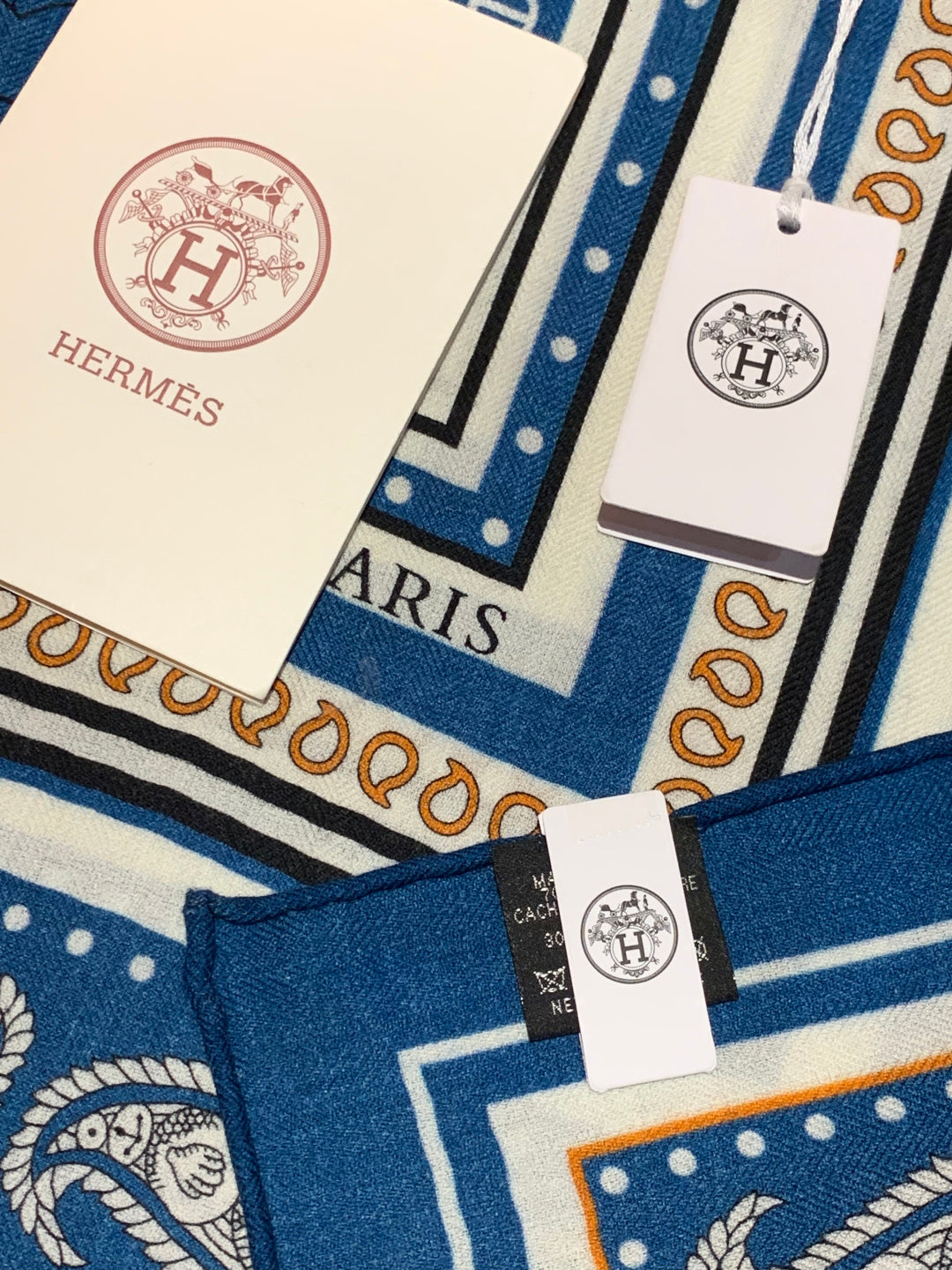 HM 25s Sailor Tattoo Scarf 140cm Dark Blue Beige Cashmere Silk 967415