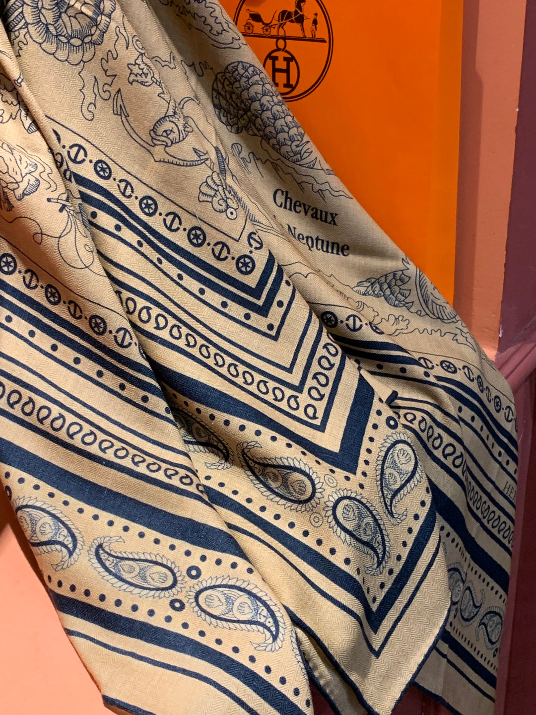 HM 25s Sailor Tattoo Scarf 140cm Dark Beige Black Cashmere Silk 967416