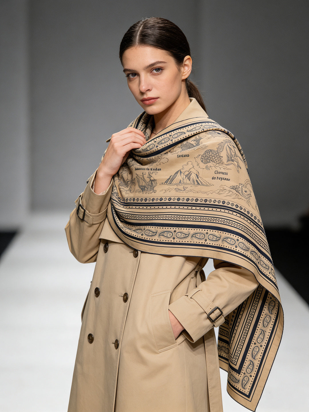 HM 25s Sailor Tattoo Scarf 140cm Dark Beige Black Cashmere Silk 967416