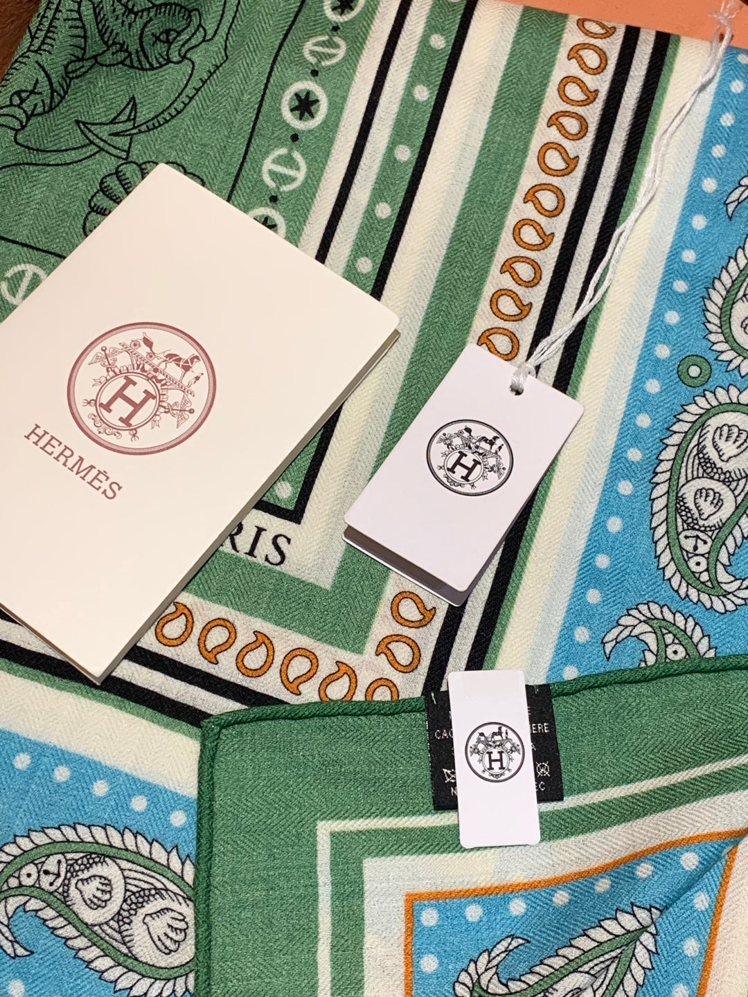 HM 25s Sailor Tattoo Scarf 140cm Green Beige Cashmere Silk 967417