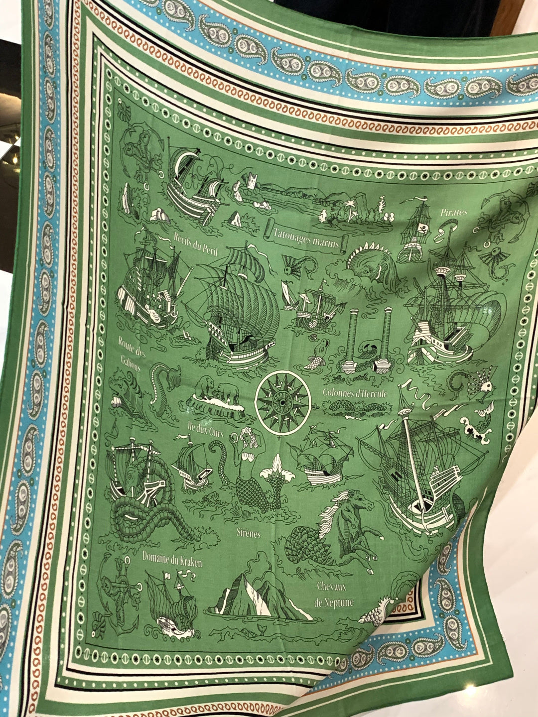 HM 25s Sailor Tattoo Scarf 140cm Green Beige Cashmere Silk 967417