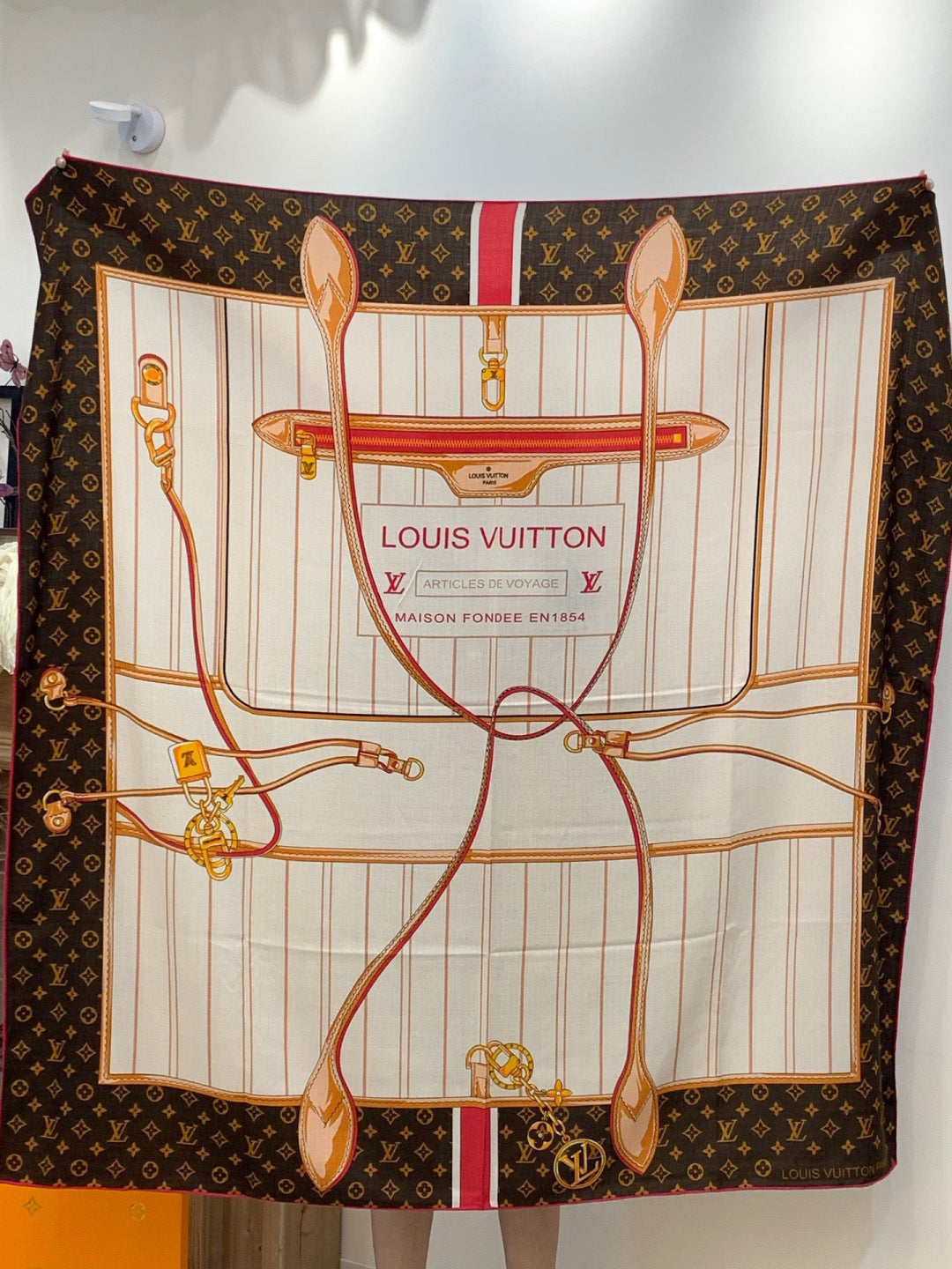 LV Double-Sided Shawl Scarf 135cm Brown Beige Cashmere 968754