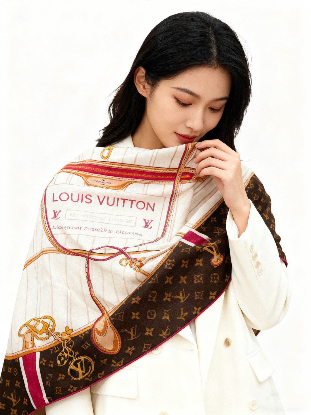 LV Double-Sided Shawl Scarf 135cm Brown Beige Cashmere 968754