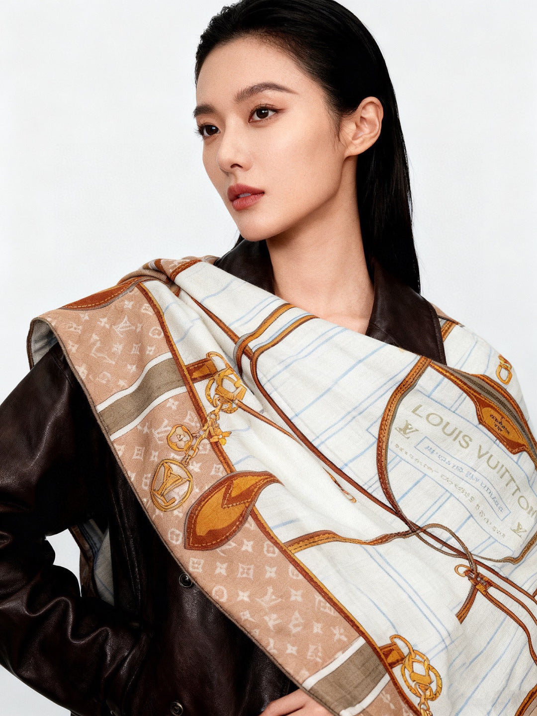 LV Double-Sided Shawl Scarf 135cm Light Brown Beige Cashmere 968755