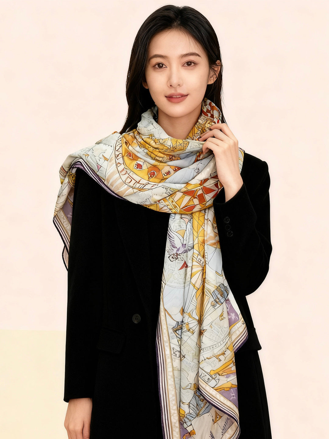 LV Double-Sided Shawl Scarf 135cm Purple Beige Cashmere 968786