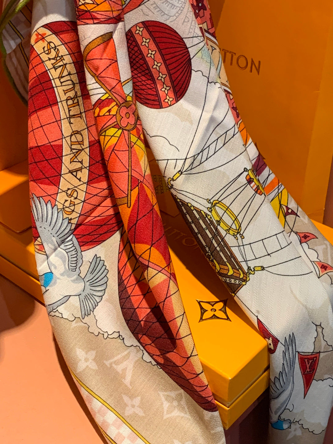 LV Double-Sided Shawl Scarf 135cm Orange Beige Cashmere 968788