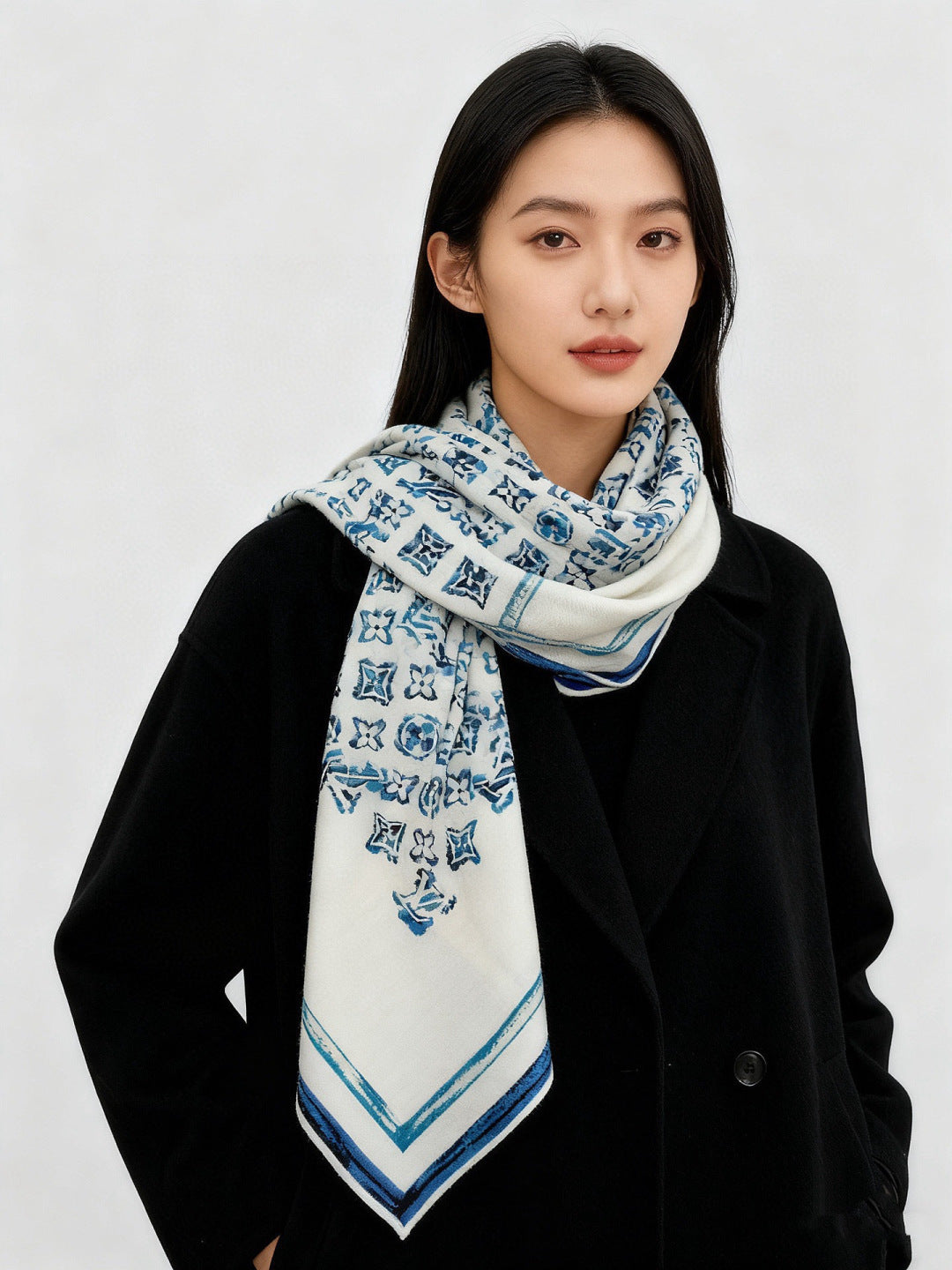 LV Double-Sided Shawl Scarf 135cm Ivory Blue Cashmere 968793