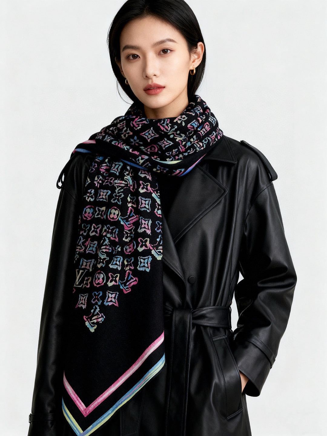 LV Double-Sided Shawl Scarf 135cm Black Pink Colorful Cashmere 968795