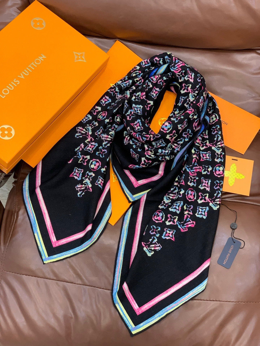 LV Double-Sided Shawl Scarf 135cm Black Pink Colorful Cashmere 968795