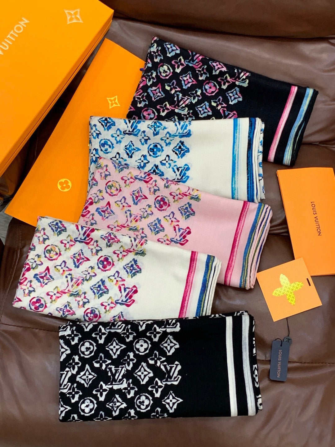 LV Double-Sided Shawl Scarf 135cm Black Pink Colorful Cashmere 968795