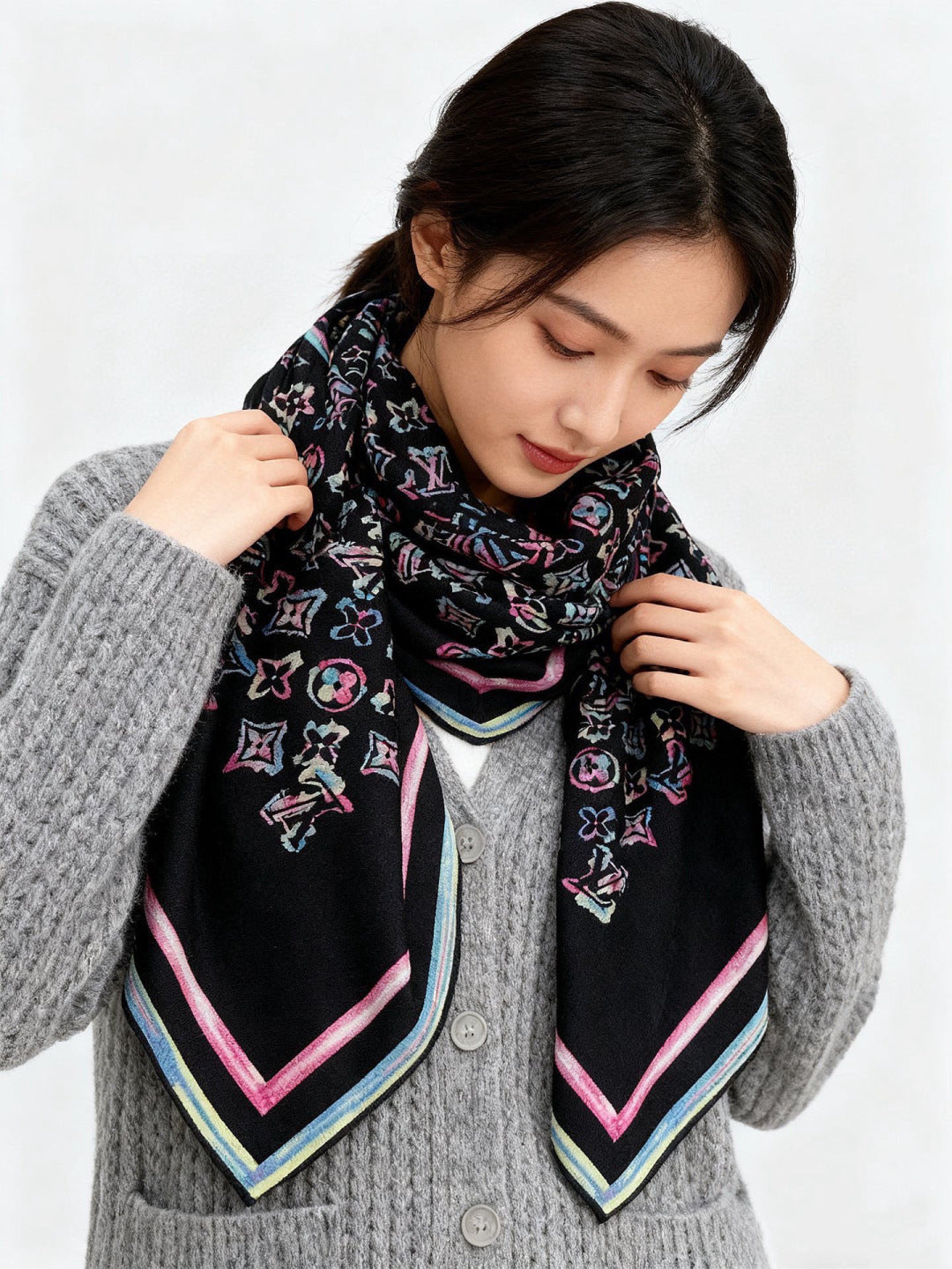 LV Double-Sided Shawl Scarf 135cm Black Pink Colorful Cashmere 968795