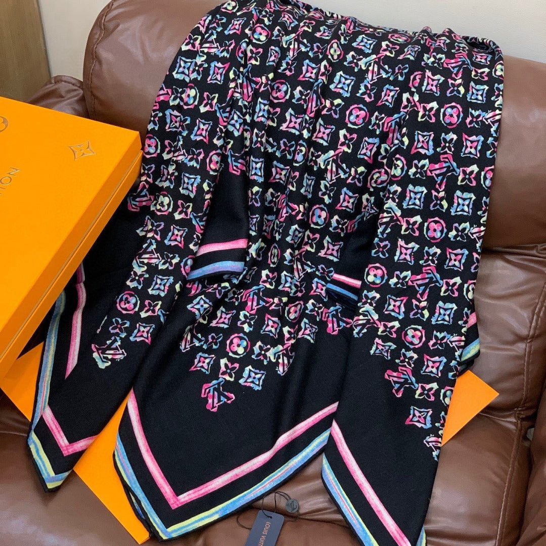 LV Double-Sided Shawl Scarf 135cm Black Pink Colorful Cashmere 968795