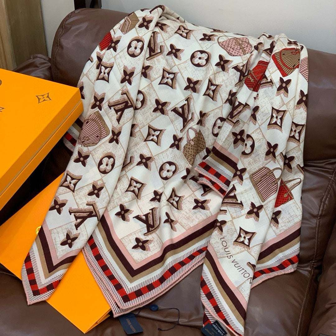 LV Double-Sided Shawl Scarf 135cm Black Red Cashmere 968796