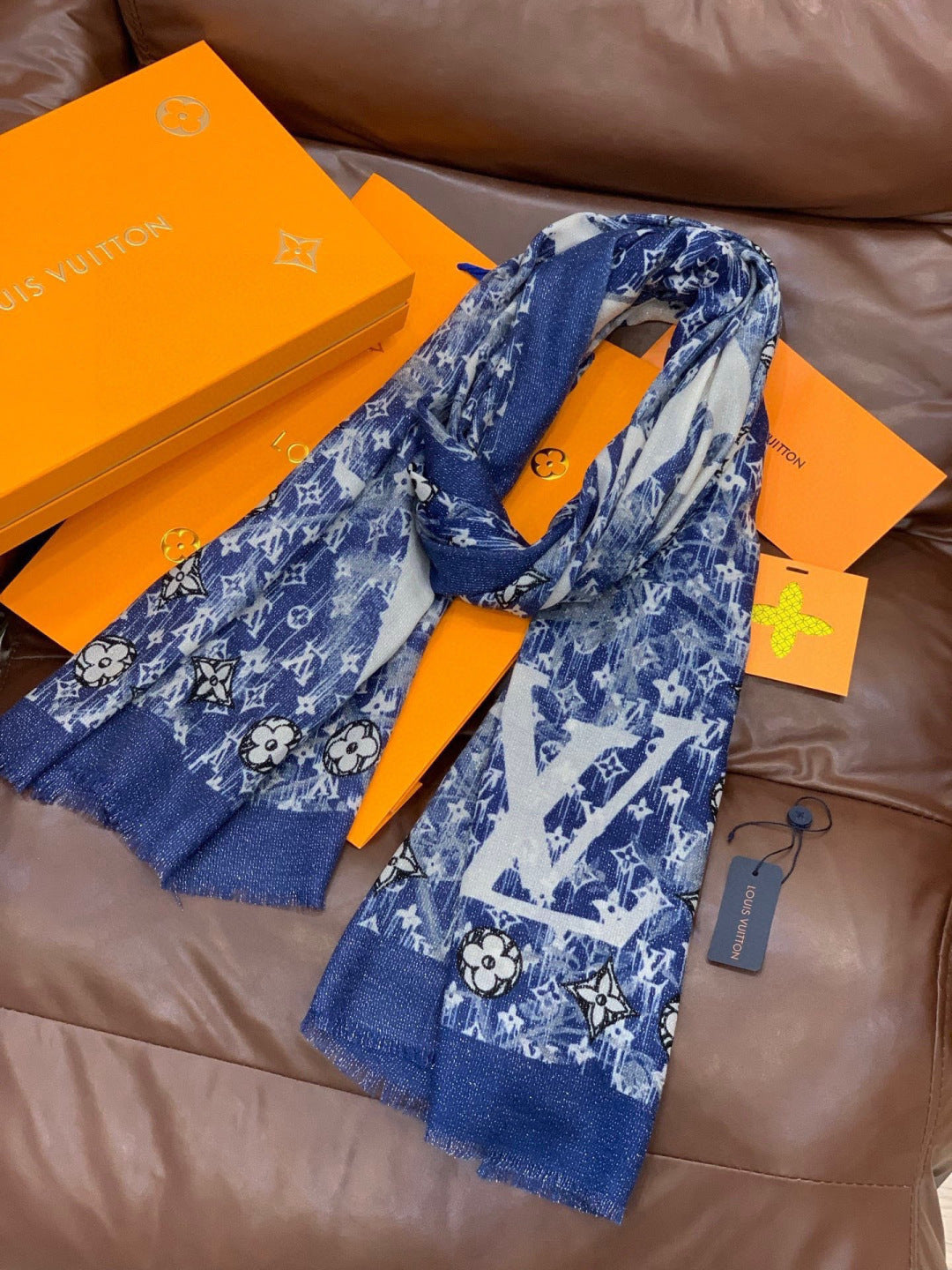 LV Monogram Scarf 200cm Blue White Cashmere 969183