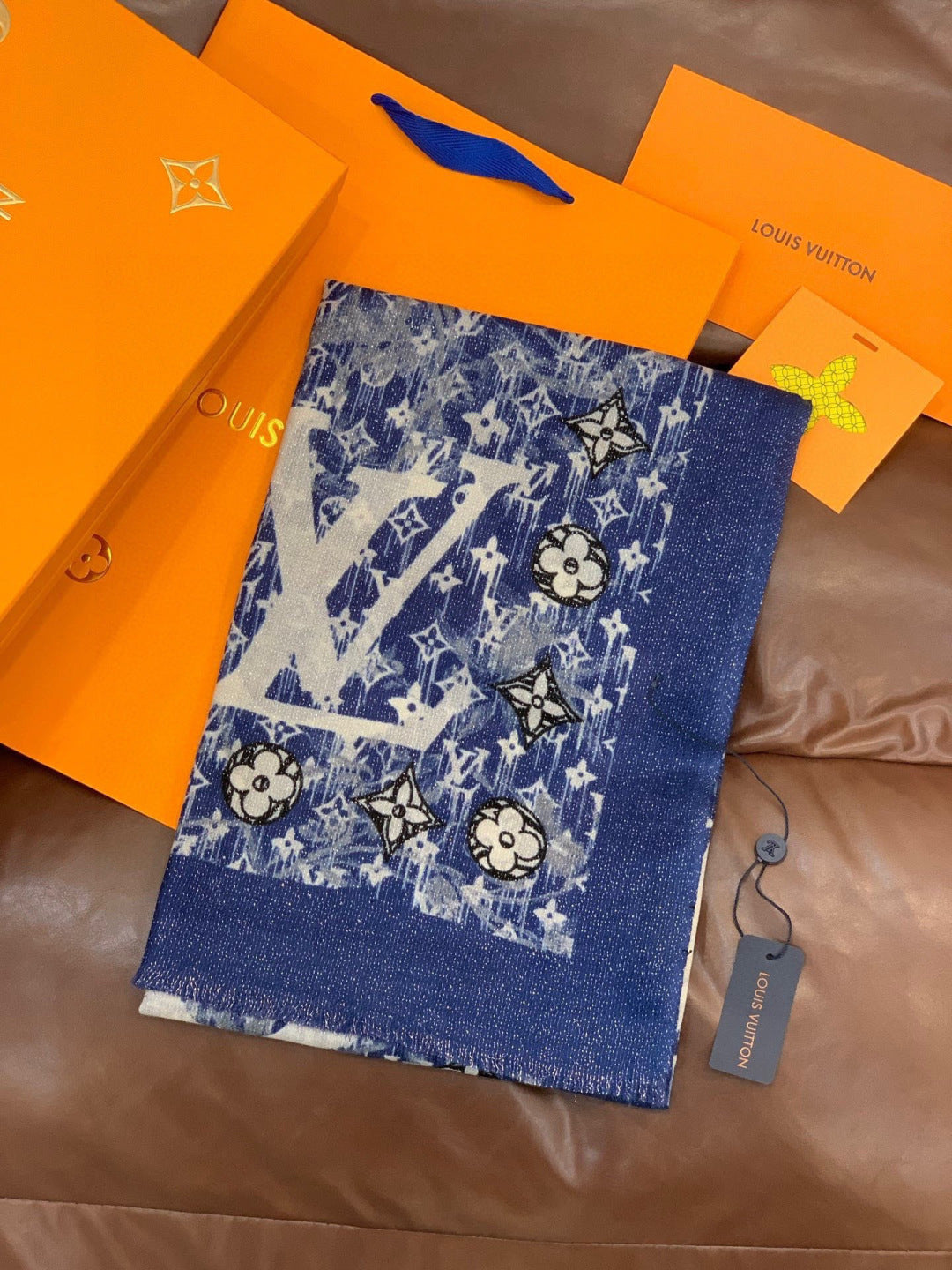 LV Monogram Scarf 200cm Blue White Cashmere 969183