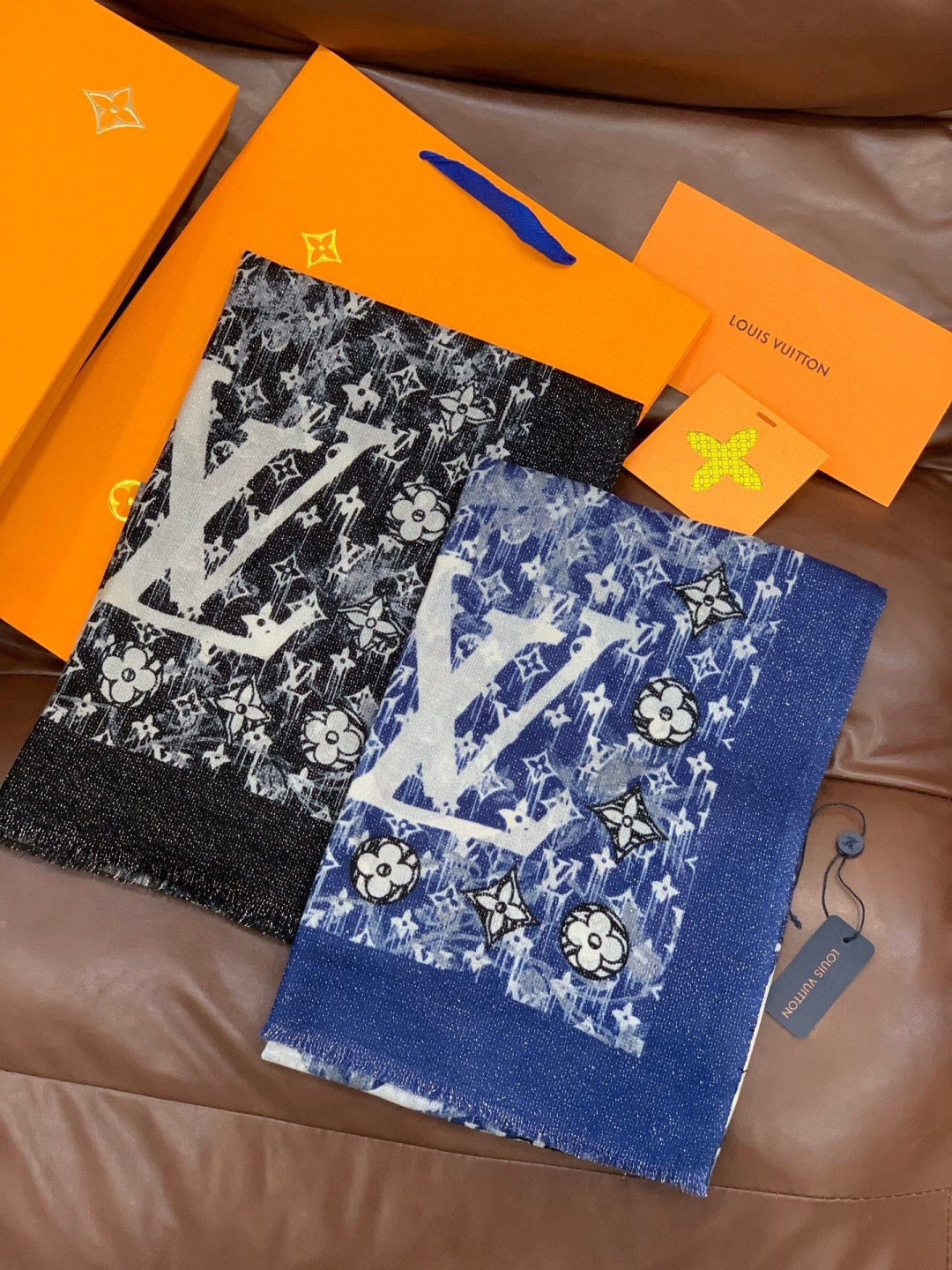 LV Monogram Scarf 200cm Blue White Cashmere 969183