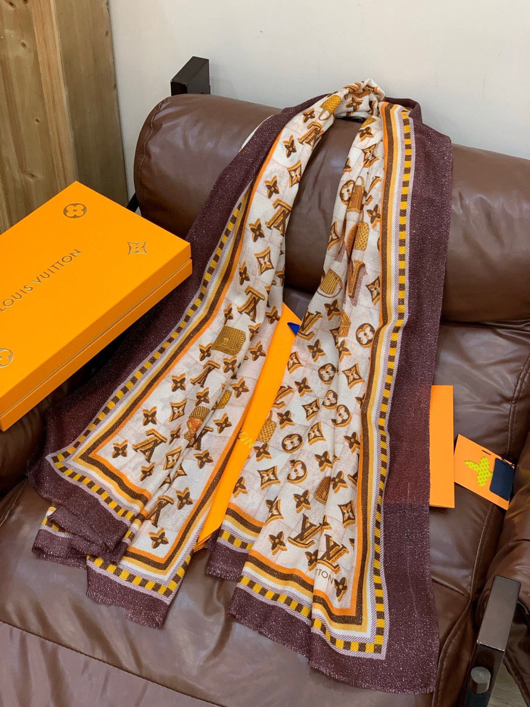 LV Monogram Scarf 200cm Purple White Brown Cashmere 969184