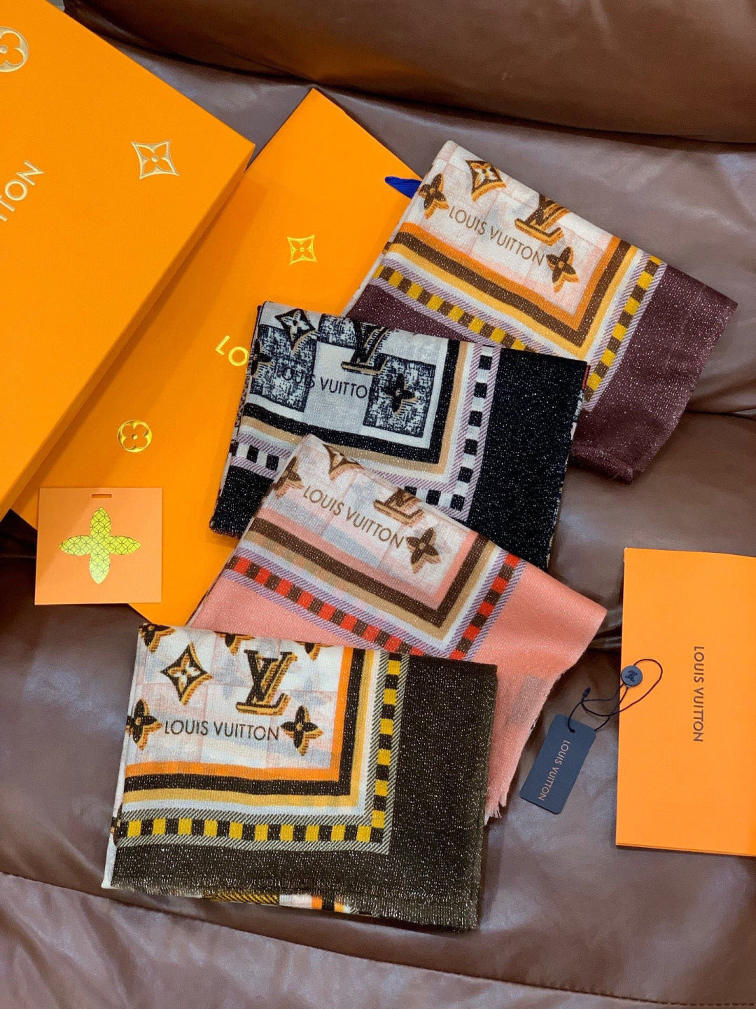 LV Monogram Scarf 200cm Purple White Brown Cashmere 969184