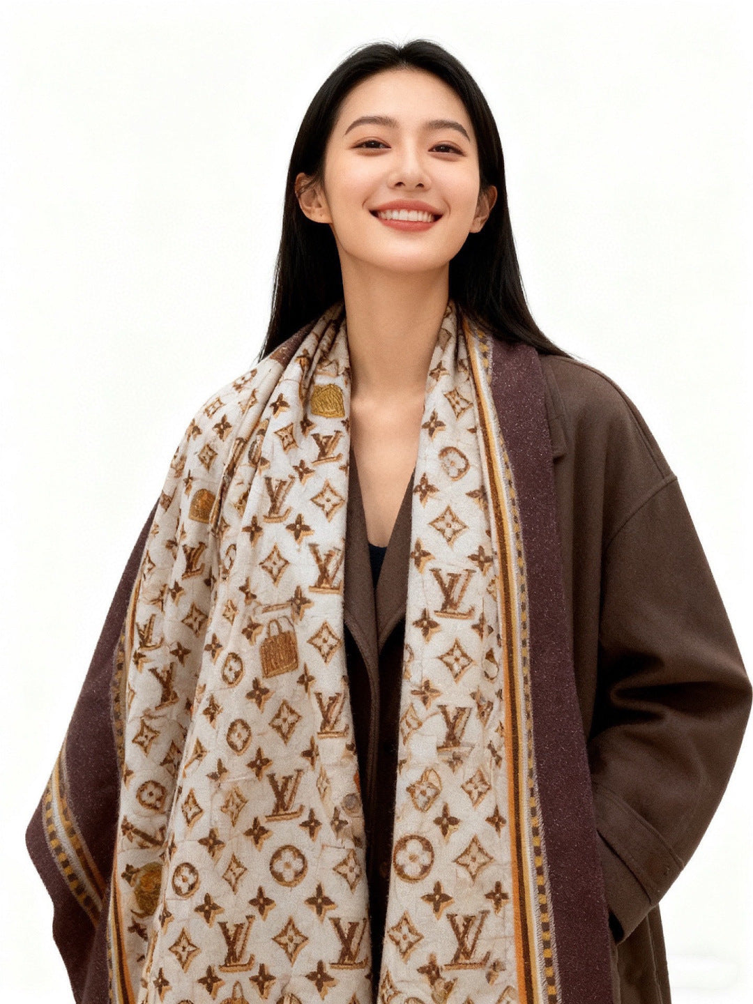 LV Monogram Scarf 200cm Purple White Brown Cashmere 969184