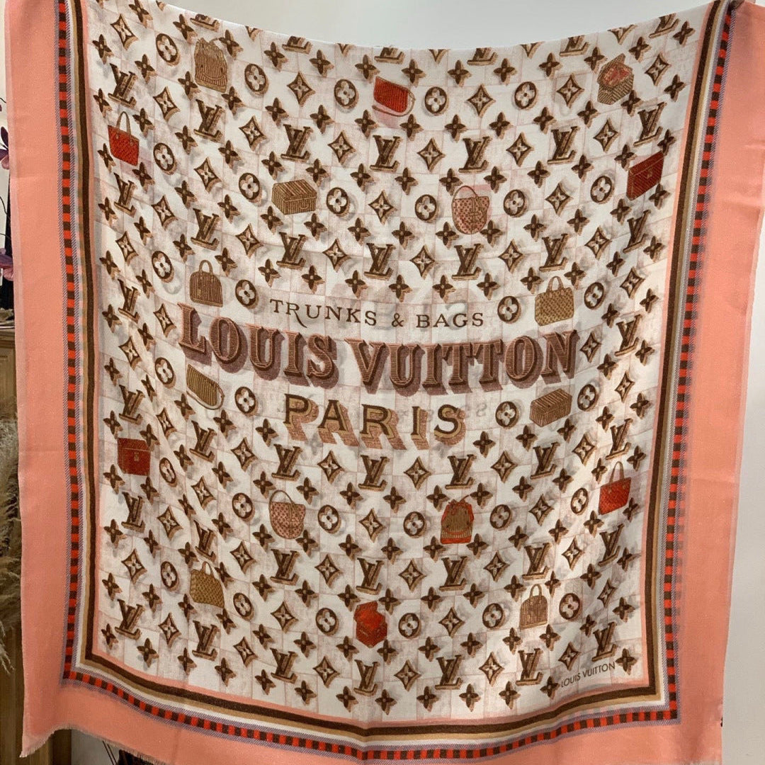 LV Monogram Scarf 200cm White Pink Cashmere 969185